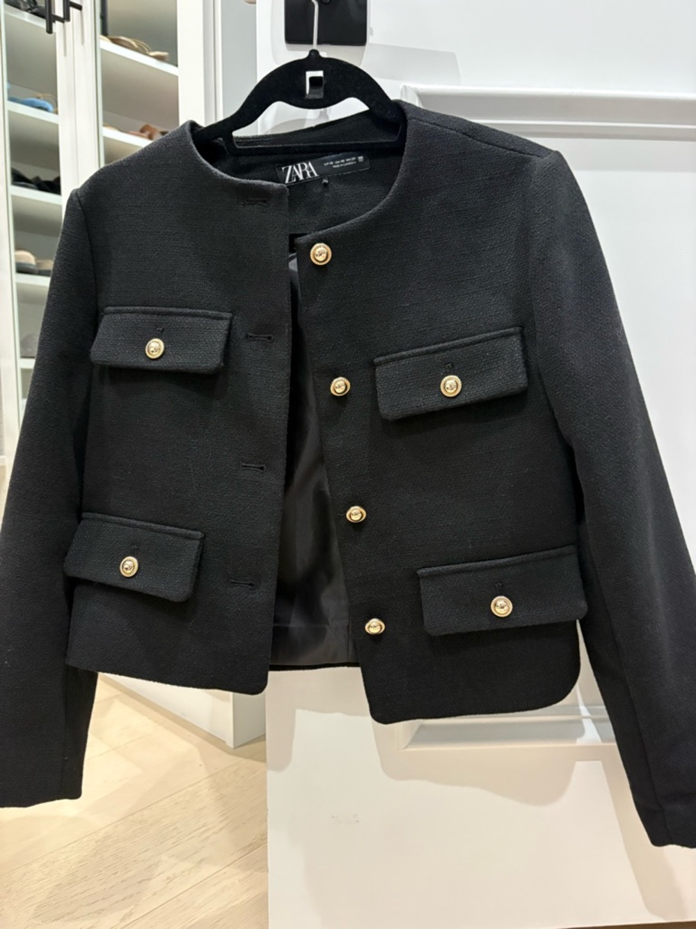 Women’s Zara black boucle blazer with gold buttons size XS